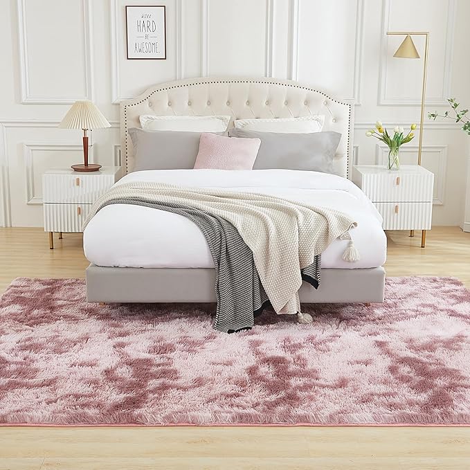 Andency Soft Area Rugs for Living Room Bedroom, 4x6 Fluffy Shaggy Bedside Rug, Non-Slip Large Shag Fuzzy Plush Carpets for Bedroom Kids Dorm Nursery Home Decor Aesthetic, Tie-Dyed Dusty Pink
