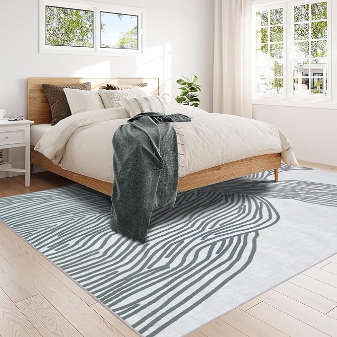 YIHOUSE Grey Rug for Living Room, 8×10 Modern Abstract Area Rug, Geometric Contemporary Wave Striped Rugs for Playroom Nursery, Washable Nonslip Large Rug for Bedroom Dining Room