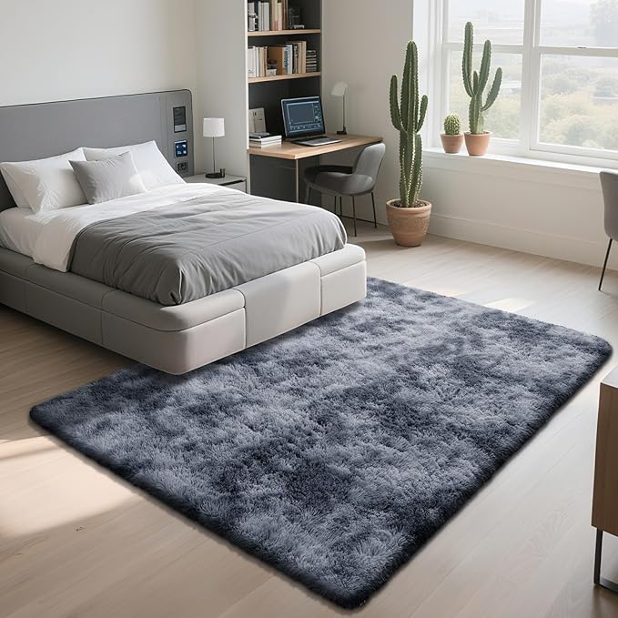 Fluffy Rug Shaggy Area Rug, Mottling Dark Grey 6x9 Area Rugs for Living Room, Large Shag Area Rugs for Bedroom Kids Room Home Decor, Upgrade Anti-Skid Rectangular Fuzzy Rugs