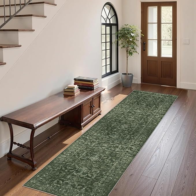 Washable Area Rug 2x6 Green Runner Rugs for Living Room, Vintage Boho Hallway Large Rug for Bedroom Dining Room Office, Distressed Floral Carpet for Under Table, Soft Non Slip Low Pile Throw Carpet