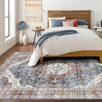 Rugs 5x7 Washable Rug, Non Slip Large Rug for Living Room Bedroom Dining Room, Low-Pile Kid & Pet Friendly Distressed 5x7 Carpet Print Floor (Border Brown/Navy Blue)