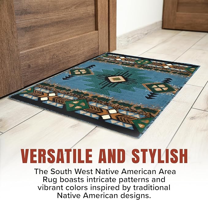 YHSF South West Native American Area Rug C318 - Easy Clean, Thick, Soft, Durable Native Tribal American Indian Inspired Rug for Bedroom/Living Room and More - Blue-Green, 2 Feet x 7 Feet