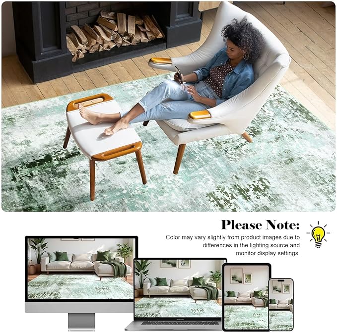 Washable Abstract Rug, 5x7 Modern Area Rugs with Non-Slip Rubber Backed for Living Room, Thin but Soft Contemporary Carpet Kitchen Bedroom Dining Room Decor, Green