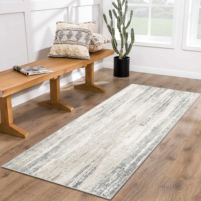 MUJOO Washable Runner Rug 2x6,Modern Abstract Area Rugs for Hallways Kitchen Bedroom Entryway Bathroom Laundry,Non Slip Carpet Long Mat Indoor,Low Pile Throw Rug Accent Neutral Beige and Grey