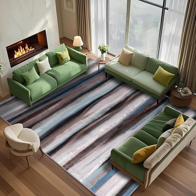 Abstract 8x10 Area Rug, Modern Stripe Rugs for Living Room, Washable Soft Large Non-Slip Floor Carpet for Dining Room Office Bedroom Farmhouse Decor - Blue/Brown/Multi
