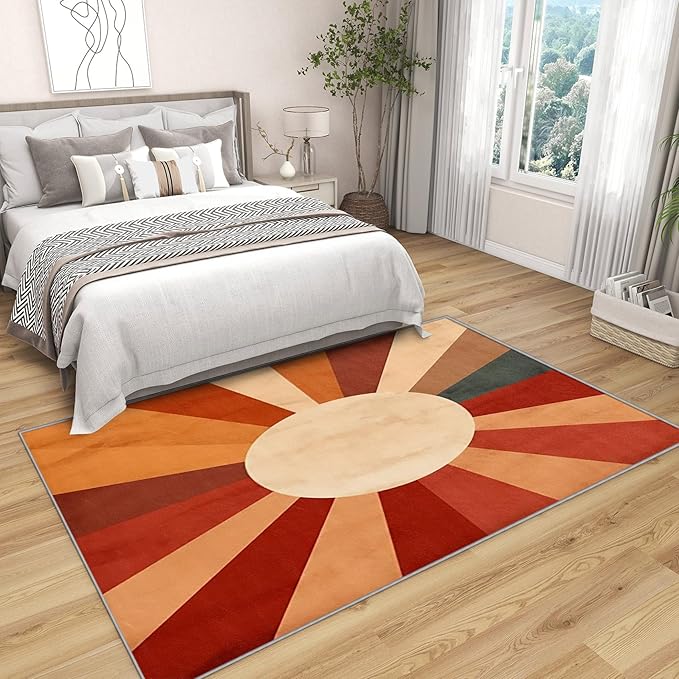 70s Rugs for Living Room -Retro Sun Rug, 5x6 ft, Mid Century Sun Area Rug, Red and Orange Washable Non-Slip Stain Resistant Carpet, Boho Retro 70s Home Decor & Gifts