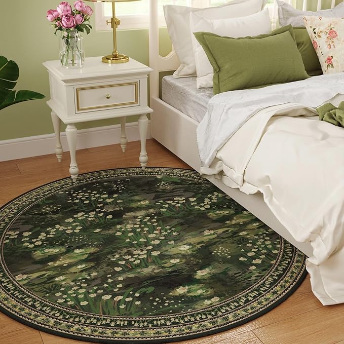 Rugcomf Circle Rug Impressionist-Style Vintage Round Rug 6ft Non Slip Low Pile Small Circular Rug for Bedroom Bathroom Entryway Kids Room Office College Dorm, Green