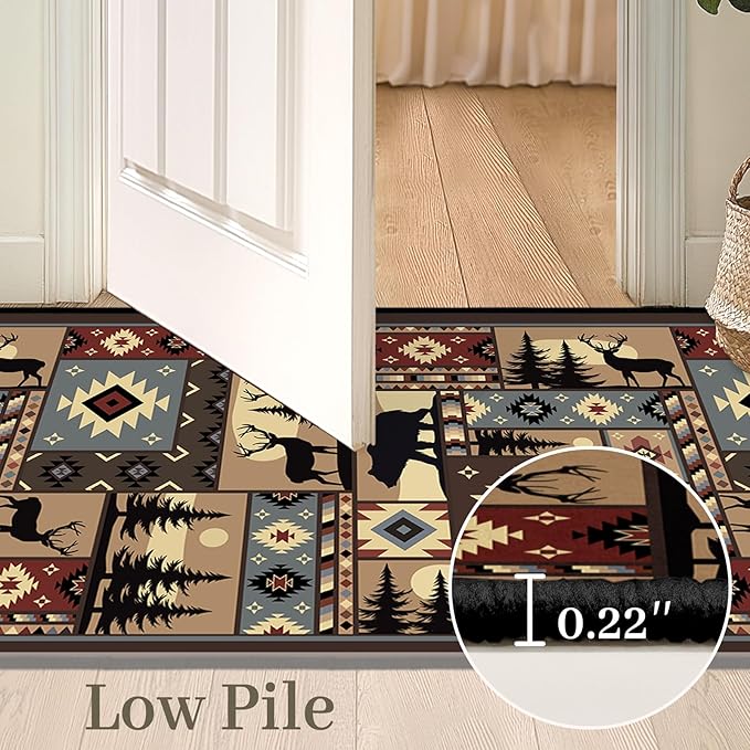 Rustic Cabin Wildlife Area Rug 3x5 Washable Bedroom Rug,Buffalo Plaid Bear Moose Deer Country,Farmhouse Throw Rugs Non Slip Area Carpet Small Floor Carpets Mat for Entryway,Living Room,Laundry,Office