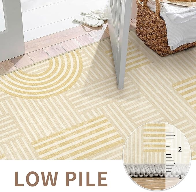 Bavni Washable Runner Rug, Soft Modern Printed Rug Runner, Abstract 2x5 Runners for Hallways, Kitchen, Laundry, Abstract Yellow Beige