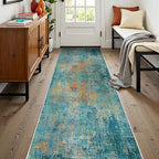 Washable Area Rugs 2'x8' Non-Slip Modern Abstract Soft for Living Room Entryway Bedroom Nursery, Print Pattern, Teal Blue Green Orange Rust Red Coloreful