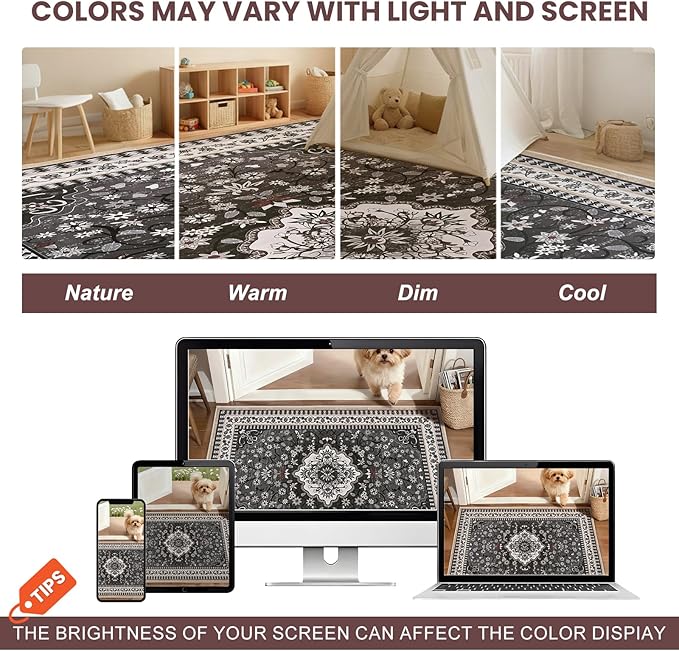Luxury 8' x 10' Black Washable Area Rugs, Boho Low Pile Easy Clean Non-Slip Rug, Floral Medallion Pattern Vintage Rugs for Living Room, Dinning Room, Office, Bedroom, Bathroom, Laundry Room, Farmhouse