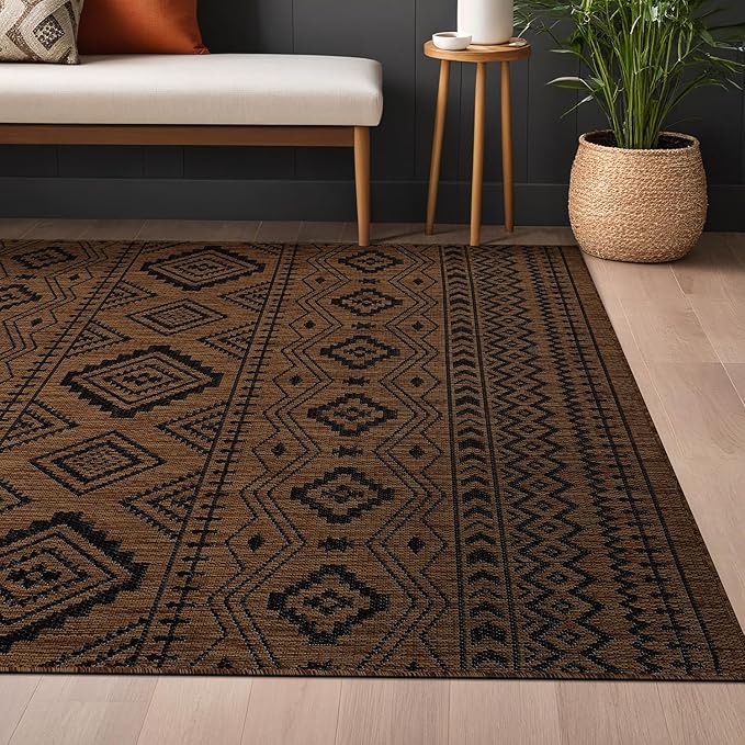 Beverly Rug Waikiki Boho Indoor Outdoor Rug 8x10, Washable Outside Carpet for Patio, Deck, Porch, Bohemian Area Rug, Farmhouse Rugs, Aztec Tribal Rug, Nut Brown and Black