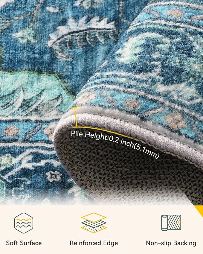 Area Rugs 2'x10' Washable Non-Slip, Floral Vintage Distress Print Pattern Medallion Carpet for Living Room Bedroom Dining Room, Teal Green Lake Blue Turquoise