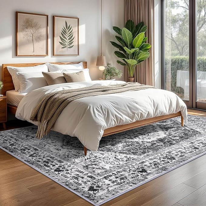 KOZYFLY Boho Area Rug 6x9 Ft Thin Rugs for Living Room Washable Bedroom Rug Non Slip Rugs for Living Room Printed Faux Wool Bedroom Rug Floor Carpet for Dining Room, Grey