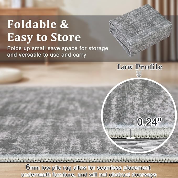 RUGSREAL Solid Area Rug 4x6 Small Bedroom Rug Machine Washable Area Rug Soft Low-Pile Modern Contemporary Throw Rug Non-Slip Throw Indoor Carpet for Living Room Dining Room Kids Room, 4' x 6' Grey