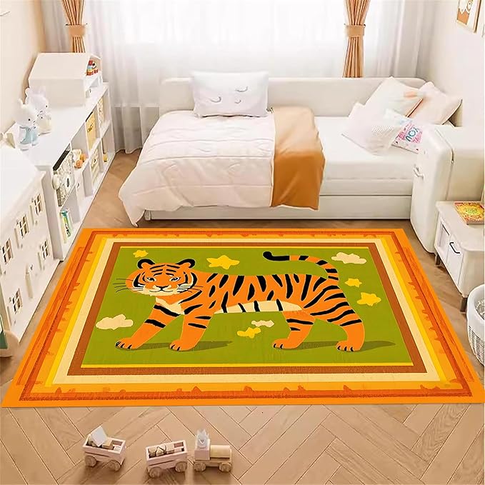 Tiger Rugs for Living Room，5x7ft,Modern Minimalist Style Orange Tiger Rug Suitable for Children's Room，Machine Washable Cute Tiger Rug for Boys and Girls Bedroom Farmhouse Restaurant