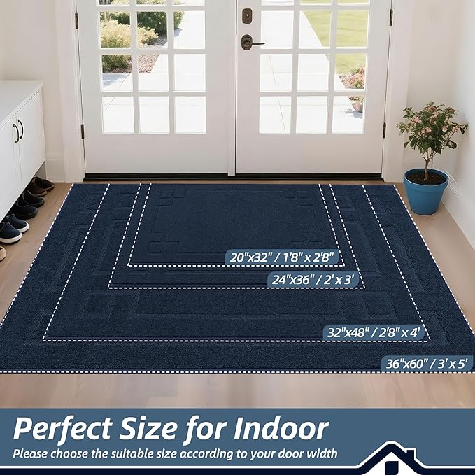 BEQHAUSE Door Mat 36" x 60", Non-Slip Door Mats Indoor Entryway Rugs Washable Low-Profile Absorbent and Stain Resist Floor Mats, Dog Door Mat for Front Back Door, Muddy Wet Shoes & Paws, Navy Blue