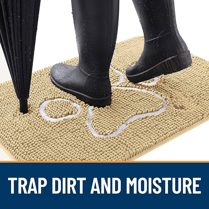 OLANLY Dog Door Mat for Muddy Paws 47x32, Paw Print Design, Absorbs Moisture and Dirt, Absorbent Non-Slip Washable Doormat, Quick Dry Chenille Mud Mat for Dogs, Entry Indoor Entryway Carpet, Beige