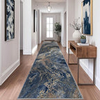 Abstract 2x6 Runner Rug: Modern Washable Rug for Entryway Hallway Bedside Kitchen Indoor - Non Slip Thin Low Pile - Blue Gold