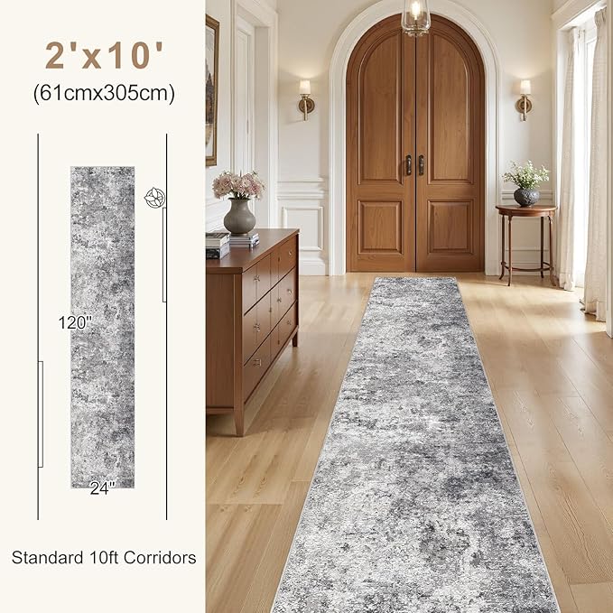 2X10 Washable Runner Rug for Hallway: Soft Neutral Modern Abstract Area Rug - Non-Slip Low Pile Long Throw Indoor Carpet for Kitchen Entryway Kitchen Bedroom Laundry - Grey