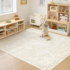 6x9 Area Rugs for Living Room: Washable Vintage Floral Rug Low Pile Non-Slip Boho Carpet for Bedroom Nursery Dining Room (Beige, 6'x9')