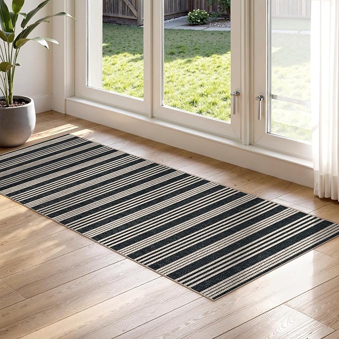 Lahome Striped Easy Jute Runner, 2x6 Kitchen Runner Rug Non Slip Washable Outdoor Rug for Entryway Indoor, Farmhouse Indoor Outdoor Black Carpet for Hallway 6ft Entry Front Door