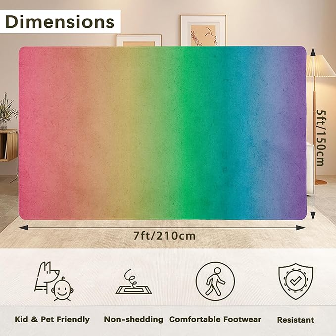 Rainbow Washable 5x7 Area Rugs for Living Room, Thin Low Pile Contemporary Carpet, Non-Slip Base Lightweight Rug