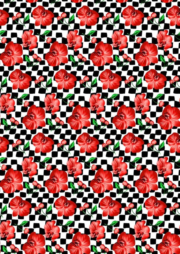 Black and White Checkerboard Pattern with Red Floral Pattern Area Rug for Living Room Bedroom Dining Room Office Guest Room Nursery Room Rustic Low Pile Thin Washable Indoor Mat 2x6
