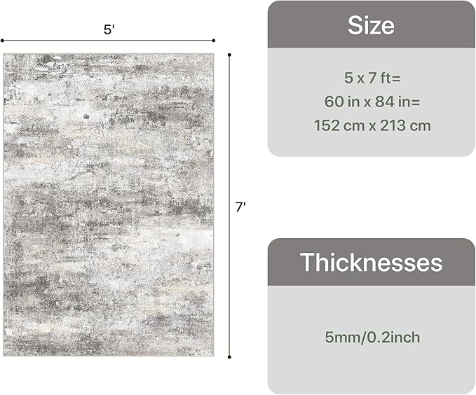 5x7 Area Rugs Washable Grey Rug for Living Room Bedroom, Modern Abstract Large Rug Non Slip, Water Repellent Low Pile Soft Carpet for Dining Room, Home Office, Grey Beige