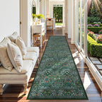 Lahome Floral Hallway Runner Rug Non Slip, 2'6''x10'Soft Washable Runners for Hallways, Ultra-Thin Green Kitchen Runner Distressed Carpet for Entryway Bathroom, Dark Green