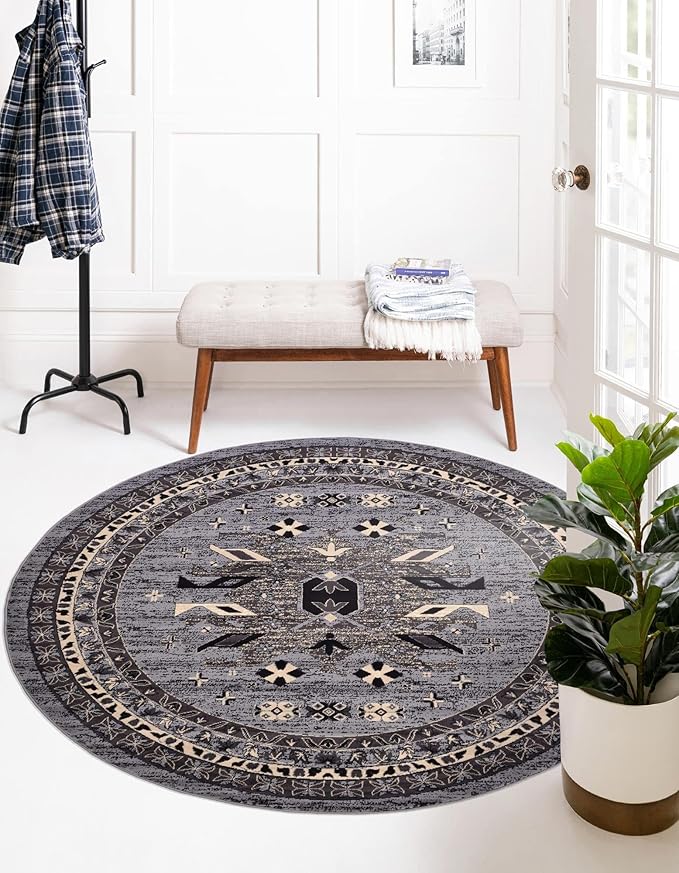Unique Loom Taftan Collection Border Geometric Tribal Inspired Design Area Rug (8' 0 x 8' 0 Round, Gray/ Black)