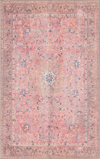 GLN Rugs Traditional Collection - Machine Washable Area Rug, Traditional Washable, Non Slip, Low Pile Chenille Rug, Living Room, Bedroom, Kitchen Rug (4' x 6' Pink/Cream)