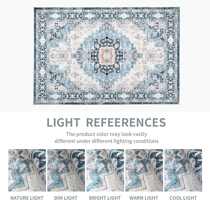 Washable 9×12 Area Rug for Living Room, Vintage Floral Rug Soft Non Slip Stain Resistant Boho Carpet for Indoor Bedroom Dinning Room Home Office Blue/Ivory