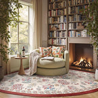 jinchan Elora Floral Corner Rug for Living Room Washable Bedroom Rug Vintage Romance Design Non Slip Quarter Circle Lightweight Low-Pile Throw Carpet for Reading Nook Playroom,7ft Radius, Red/Beige