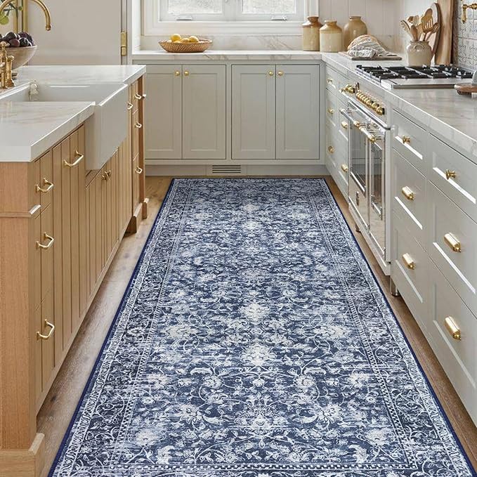 KILOCOCO Hallway Runner 3x8 Rug Runner Printed Vintage Floral Washable Kitchen Runners Non-Slip Rubber Backed Runners for Hallways Laundry Room Distressed Boho Rugs for Entryway Bedroom, Blue
