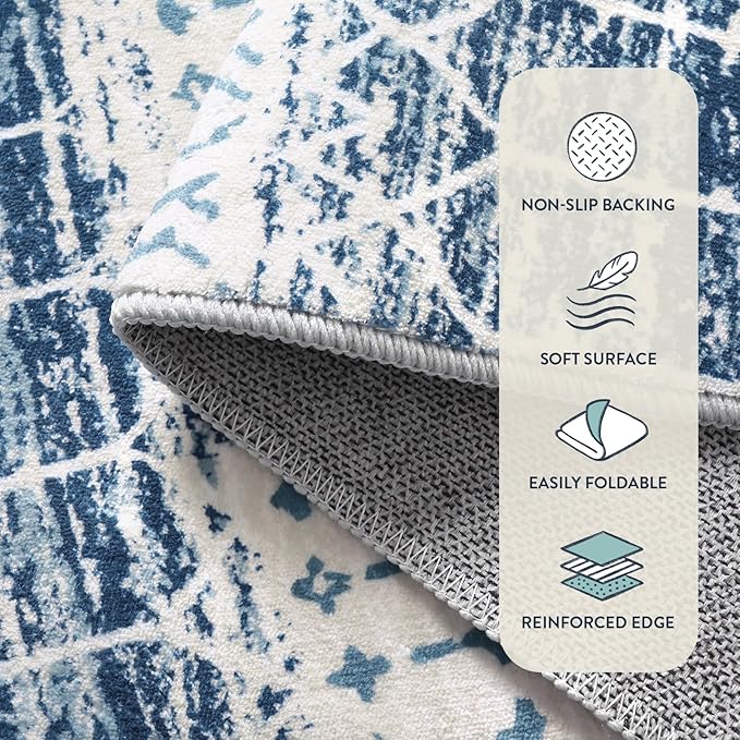 Lahome Moroccan Washable Blue Runner Rug 2x6 Rug Runners for Hallways Non Slip Throw Stain Resistant Kitchen Runners, Geometric Print Distressed Indoor Floor Rug for Entryway Bathroom Bedroom