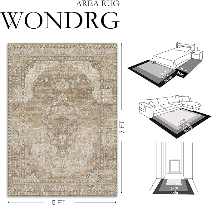 2x8 Washable Vintage Runner Rug for Living Room Bedroom Non Slip Distressed Traditional Soft Runner Rug Beige Brown Low Pile Lightweight Floral Runner Kitchen Hallway Balcony