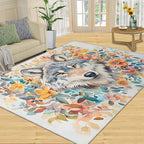 3x4 Wolf Rugs for Entryway - Watercolor Florals Kids Bedroom Rug, Animals Mudroom Rug Soft for Coffee Shop Living Room Under Table Game Room