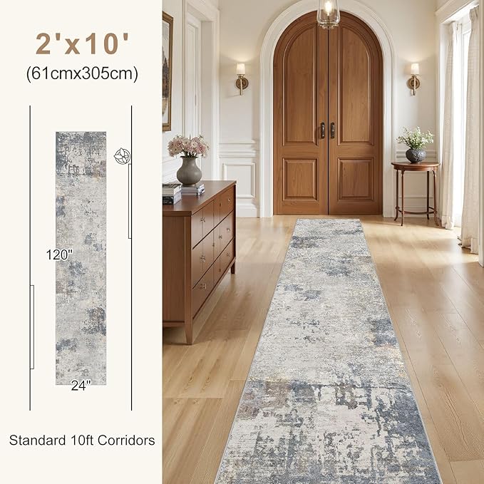 2X10 Washable Runner Rug for Hallway: Soft Neutral Modern Abstract Area Rug - Non-Slip Low Pile Long Throw Indoor Carpet for Kitchen Entryway Kitchen Bedroom Laundry - Blue Grey