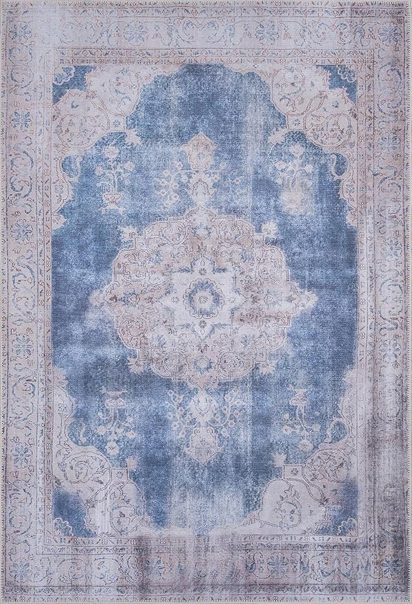 GLN Rugs Traditional Collection - Machine Washable Area Rug, Traditional Washable, Non Slip, Low Pile Chenille Rug, Living Room, Bedroom, Kitchen Rug (5' x 7' Cream/Navy)
