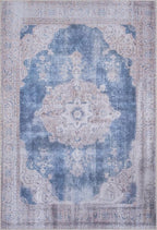 GLN Rugs Traditional Collection - Machine Washable Area Rug, Traditional Washable, Non Slip, Low Pile Chenille Rug, Living Room, Bedroom, Kitchen Rug (5' x 7' Cream/Navy)