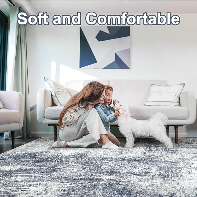 Area Rug for Living Room 10x14 - Extra Large Washable Neutral Modern Abstract Rugs, Soft Carpet with Non Slip Backing for Under Dining Room Table, Bedroom, Home, Office, Dorm - Indigo Gray