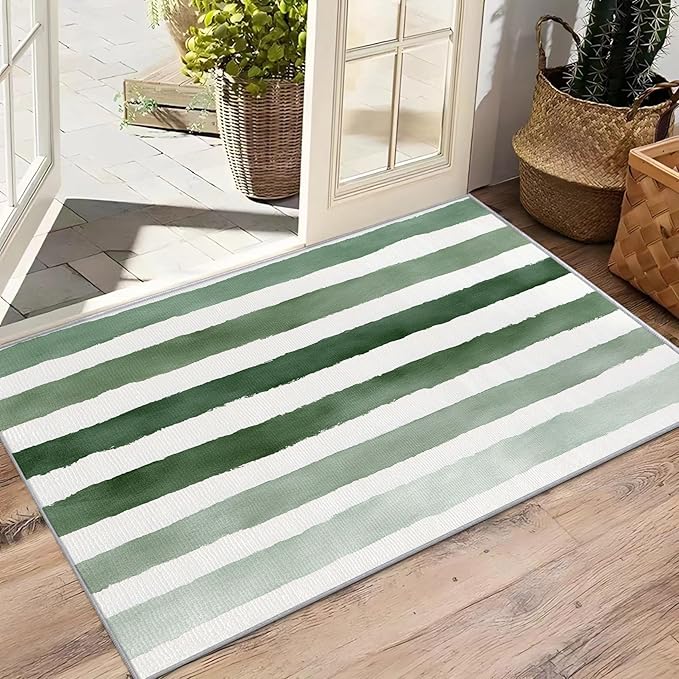 6x8 Rug Non Silp - Striped Rugs for Living Room, Green and White Stripe Minimalist Watercolor Low Pile Machine Washable Area Rugs for Bedroom, Striped Carpet House Decor & Gifts