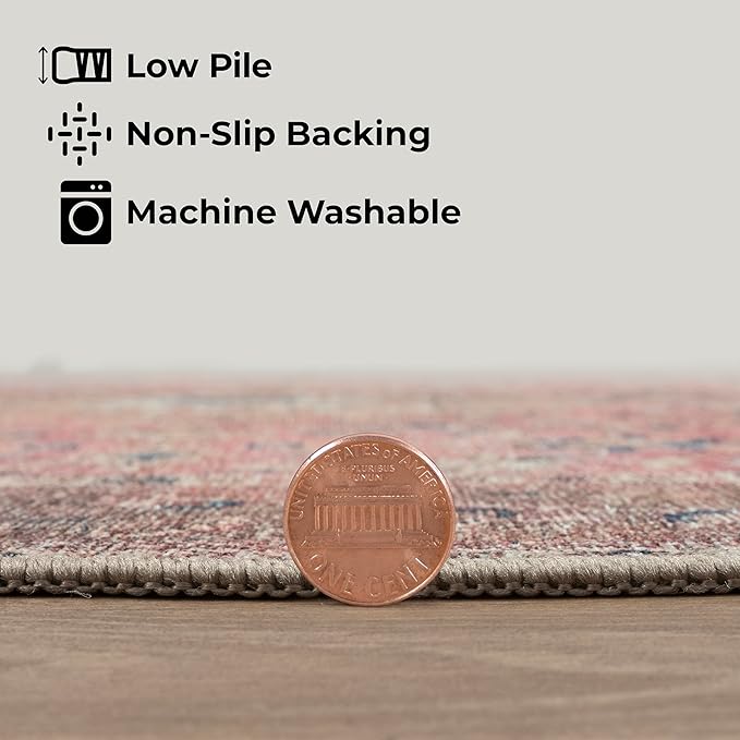 GLN Rugs Traditional Collection - Machine Washable Area Rug, Traditional Washable, Non Slip, Low Pile Chenille Rug, Living Room, Bedroom, Kitchen Rug (2'6" x 7' Pink/Cream)