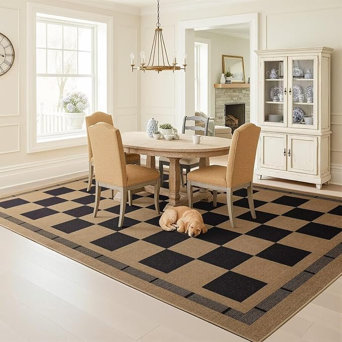 Checkered Jute Rugs, 6x9 Large Washable Outdoor Patio Rug, Living Room Bedroom Dining Room Indoor Carpet, Non Slip Modern Farmhouse Design Neutral Geometric Porch Classroom Mat, Black and Brown