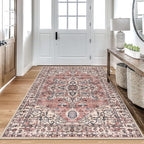 KOZYFLY Area Rug 4x6 Ft Washable Rugs for Entryway Non Slip Faux Wool Printed Throw Rug for Kitchen Bedroom Hallway Living Room Indoor Floor Decoration, Terracotta/Beige