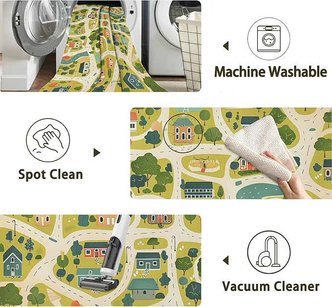 Cute Map Cars Washable 5x7 Area Rugs for Living Room, Thin Low Pile Contemporary Carpet, Non-Slip Base Lightweight Rug