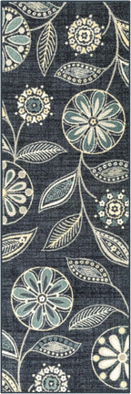 Maples Rugs Reggie Floral Runner Rug - Made in USA - Washable, Non Slip Indoor Carpet for Kitchen, Hallway, and Laundry Room, 2' x 6', Persian Blue