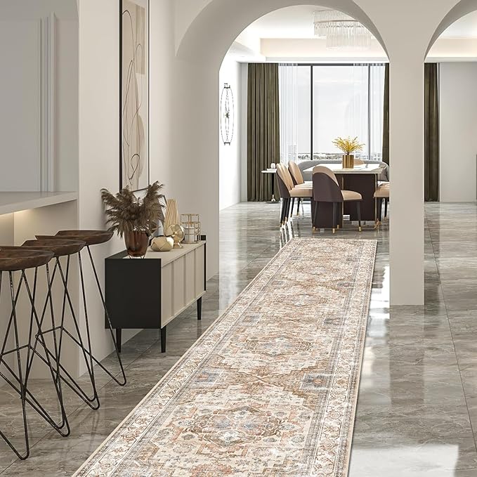 Enkor Runner Rugs for Hallway, 2.6x13 Washable Soft Non Slip Floor Rugs for Kitchen, Modern Mat for Living Room Bedroom Entryway Beige & Brown