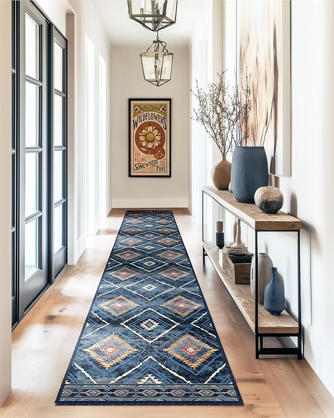 Area Rug 2x8 Rug Machine Washable Non-Slip Low Pile Print Pattern Western Rug for Living Room Bedroom Entryway Tribal Series -Darkblue